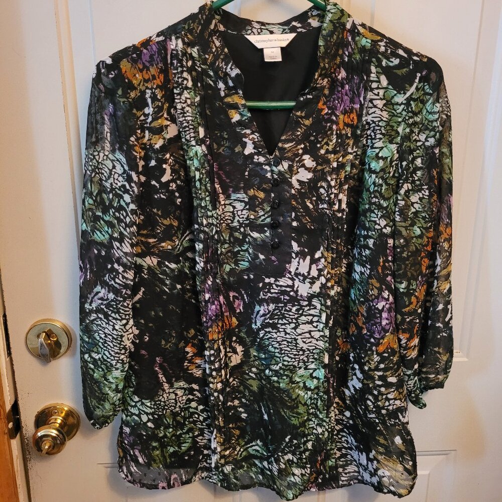 Christopher & Banks Lovely Black with Floral Print Pullover Top Size Medium